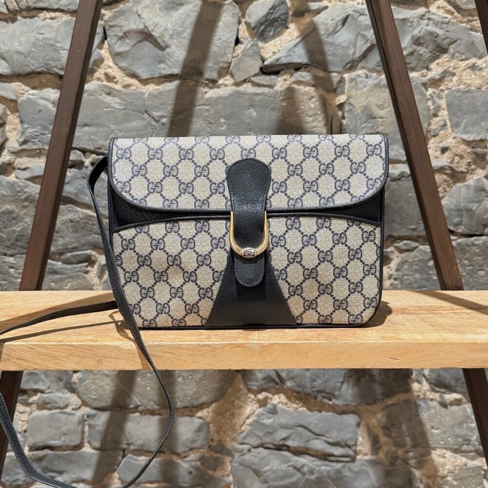 Gucci Vintage Navy Blue Leather GG Supreme Plus Shoulder Bag